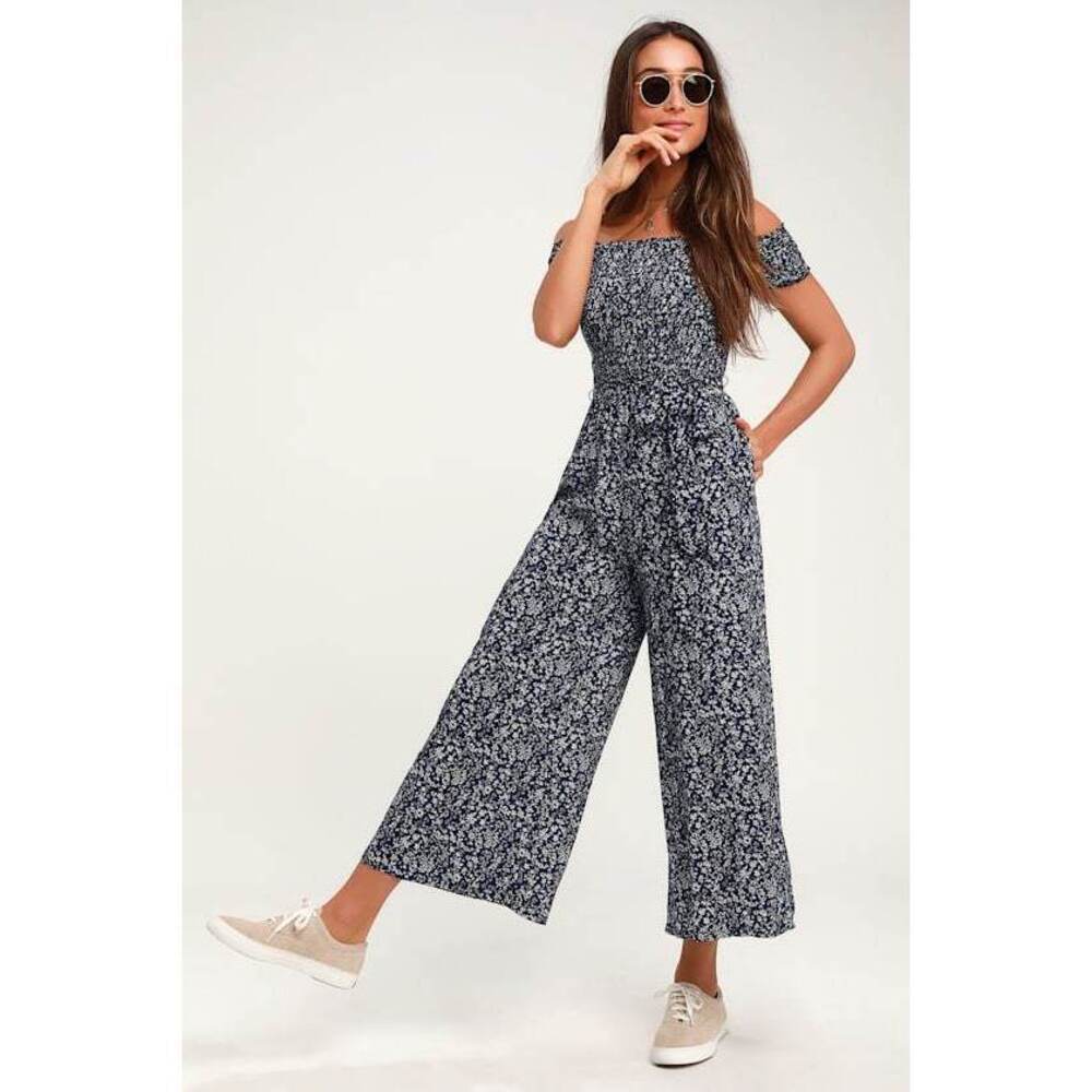 Lulus Behold Navy Blue Floral Print Off-the-shoulder Jumpsuit - Size L